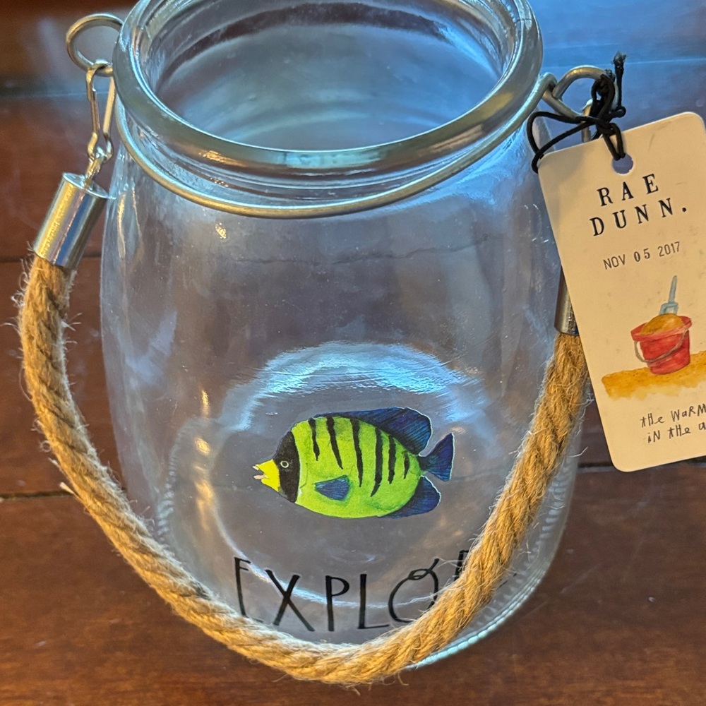 Rae Dunn Glass Lantern with Vibrant Fish Design